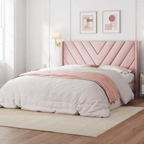 Yaheetech Queen Bed Frame with Chevron Channel-Tufted Headboard, Pink by Yaheetech
