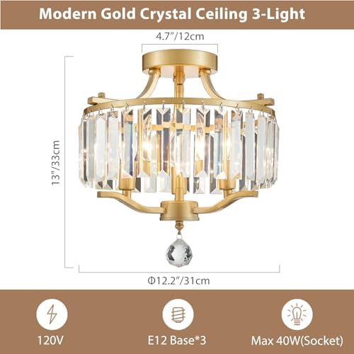 Crystal Gold Chandeliers Modern Farmhouse Small Chandelier 12.2 Inch 3-Light Round Crystal Mini Semi Flush Mount Ceiling Light Fixture for Dining Room Entryway Hallway Kitchen Bedroom Foyer - Image 3