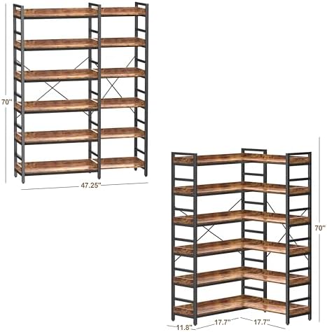 HCHQHS Adjustable Book Shelf with 8 Hooks, Reversible Corner Bookshelf, Industrial Wooden and Metal Bookcase for Living Room, Bedroom, Home Office (Rustic Brown, 6 Tier) - Image 3