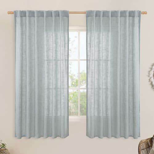 LAMIT Greyish Blue Semi Sheer Linen Curtains 60 Inch, 2 Panels by LAMIT