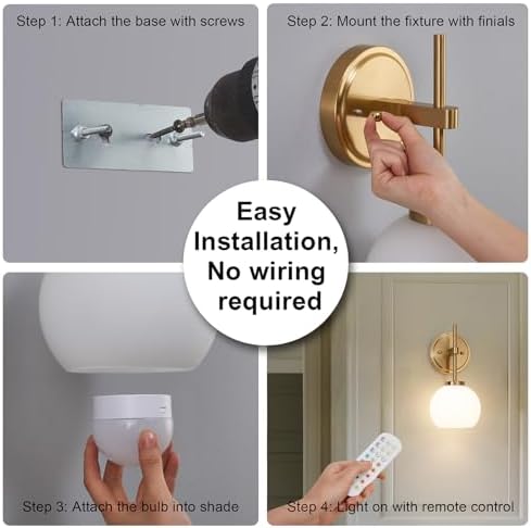 Gold Battery Operated Wall Sconce Set of 2, Wireless Rechargeable Sconces Wall Lighting with Remote Control, LED Dimmable Wall Lights with Opal White Glass Shade, 12 Colors RGB & 3 CCT Bulb - Image 7