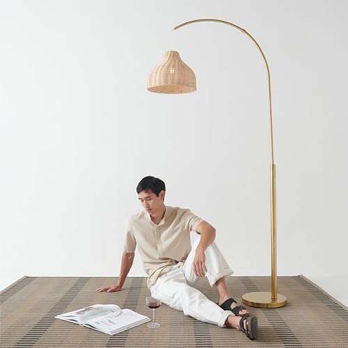Brightech Lark Arc Lamp for Living Rooms & Offices, Floor Lamp with Unique Hanging Wicker Shade, Standing & Tall for Bedroom Reading, Matches Boho and Other Living Room Decor, Brass - Image 3