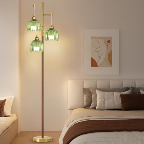 Wood Floor Lamps for Living Room Bedroom-3 Light Gold Floor Lamp with Glass Lampshape, Flower Tall Lamp Glass Mid Century Standing Lamp Vintage Tree Floor Lamp for Bedroom Corner - Image 6