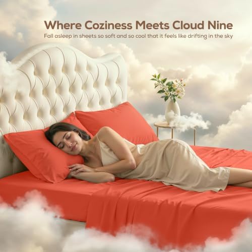 California King Sheets Set, 4 Pieces 16" Deep Pocket Bed Sheets, Coral - Image 4