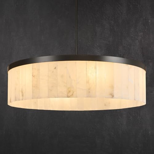 42" Round Alabaster Chandelier, Modern Black Marble Light Fixture by HONIEGG
