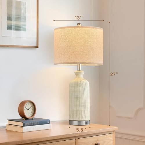 Living Room Lamps Set of 2, 27" Touch Lamps for Nightstand with USB A+C Ports, Modern Farmhouse Table Lamps for Bedroom, Beige - Image 5