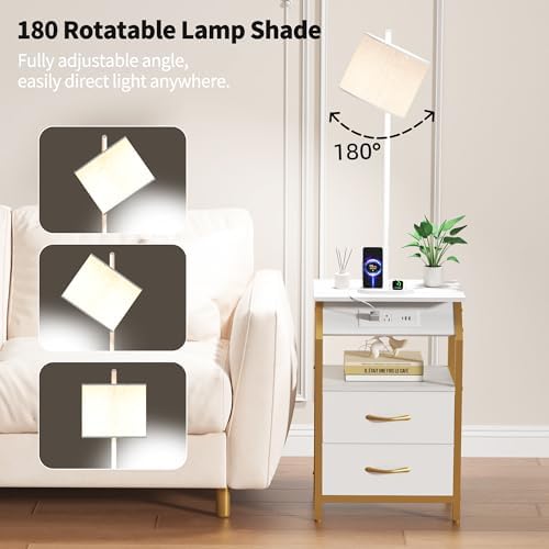 End Table with Floor Lamp, Nightstand with Charging Station, Floor Lamp Table with 3-Color Temperature Bulb, Bedside Table Night Stand with 2 Drawers for Bedroom, Living Room, Gold - Image 5