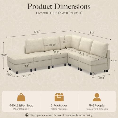 Belffin 107.1" 6 Seats L Shaped Couch Modular Sectional Sofa Seat Couch with Storage Comfy Washable Sectional Couches for Living Room Sofas with Chaise,Beige - Image 2
