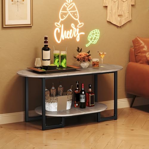 HOOBRO Coffee Table for Living Room, Oval Small Coffee Table with 2-Tier Open Storage Shelf, Industrial Cocktail Tea Table, Wooden Desktop Center Table, Farmhouse, Home Office, Greige BG09KF01 - Image 4