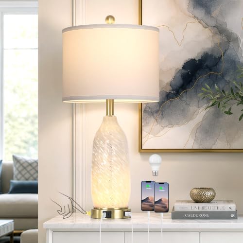 Rinweey 26" Modern Clear Glass Table Lamp Nightstand Lamp with USB A+C Ports & AC Outlet,Bedside Lamps with 3-Way Dimmable Touch Control Night Light for Bedroom Living Room,Single White by Rinweey
