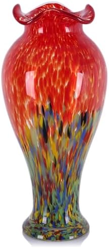 19.7H Murano Hand Blown Glass Vase, Ruffled Scalloped Rim Wide Mouth Colorful Decorative Flower Vase, Large Glass Centerpiece for Living Room, Bathroom, Office, Bookshelf, Entryway,Mantel Decor(Red) by PlivBloom