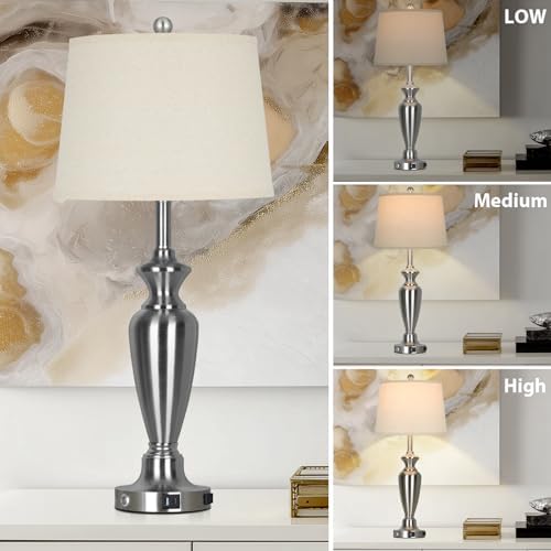 Cinyirong 30" Tall Silver Table Lamps Set of 2 for Living Room, 3-Way Dimmable Touch Control Bedside Lamps for Bedroom Nightstand with USB A+C Ports & AC Outlet (2 LED Bulbs Included) - Image 4