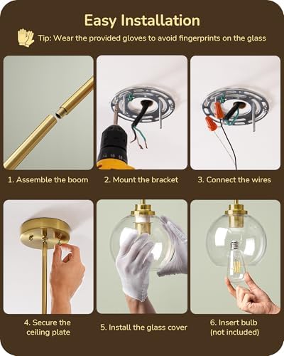 EDISHINE Pendant Light 1-Pack Kitchen Dining Clear Glass Globe Gold - Image 6