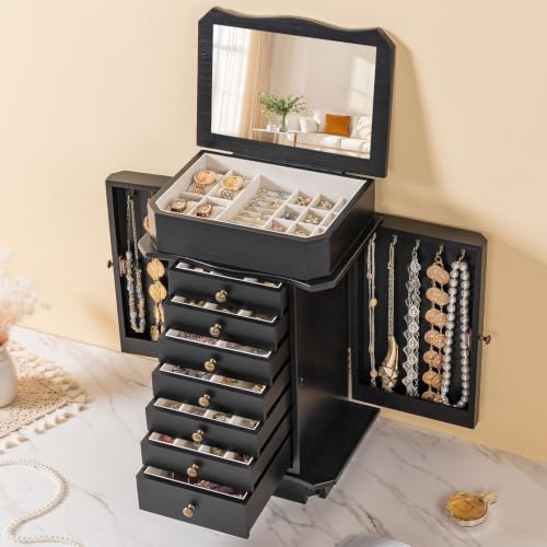 Standing Jewelry Armoire Cabinet, Large Freestanding Jewelry Organizer Box with Mirror, 7 Drawers & 2 Side Doors, Jewelry Chest for Rings Earrings Necklaces Bracelets Watches Glasses (Black) - Image 2