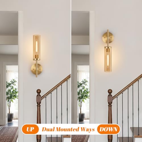 MOKATNG Hardwired Wall Sconces Set of Two, Brushed Gold Bathroom Sconces with Amber Glass, Modern Wall Light Fixtures for Bathroom Mirror Vanity, Living Room, Hallway, Stairway, Cabinet, Foyer - Image 7