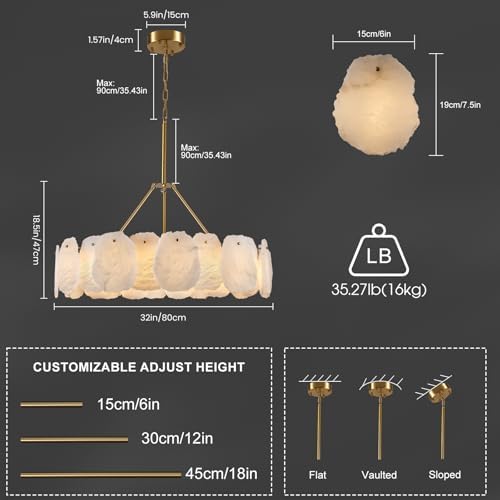 Round Alabaster Chandelier, 32in Spanish Marble Chandeliers for Dining Room, Alabaster Modern Chandeliers for Living Room, Adjustable Gold Chandelier for Bedroom, Bathroom, Kitchen, Foyer, Entryway - Image 6