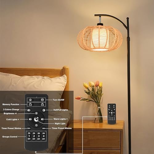 ZECOXOL Arc Floor Lamps for Living Room Bedroom Rattan Boho Floor Lamp with Remote Control,Dimmable Led Standing Lamp Wicker Lamp Shade Rustic Tall Floor Lamp Modern Flower Lamp for Bedroom Corner - Image 4