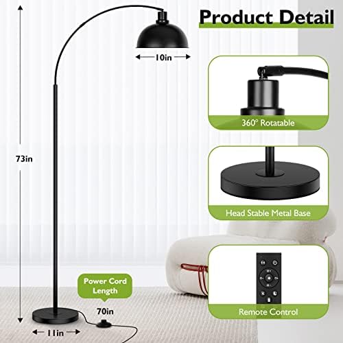 Arc Floor Lamps for Living Room, Modern Tall Standing Lamp Remote Control,Stepless Dimmable Black Floor Lamp with Hanging Dome Shade, Over Couch Arched Reading Lamp for Bedroom (Bulb Included) - Image 2
