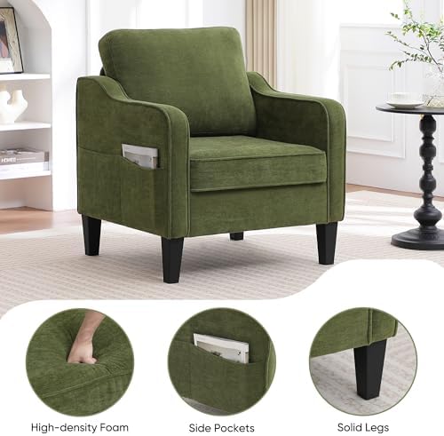 Accent Chair for Living Room, Mid Century Modern Reading Chair for Bedroom, Upholstered Armchair with Side Pockets, Comfy Single Sofa Side Chair for Office, Apartment, Small Room, Olive Green - Image 4