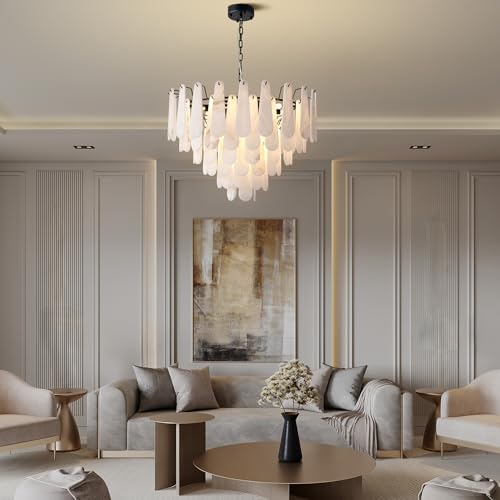 Alabaster Chandelier, D31.5 in Modern Round Chandelier, 6-Tiers Luxury Large White Marble Black Chandeliers for Dining Room Bedroom Foyer Living Room Entryway - Image 4
