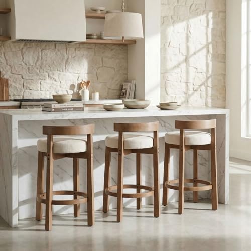 LukeAlon Mid Century Linen Single Counter Stool, Upholstered 26.5" Seat Height Low Barstools with Natural Wood Legs Round Low Back Kitchen Stool with Footrest for Dining Room, Beige - Image 6