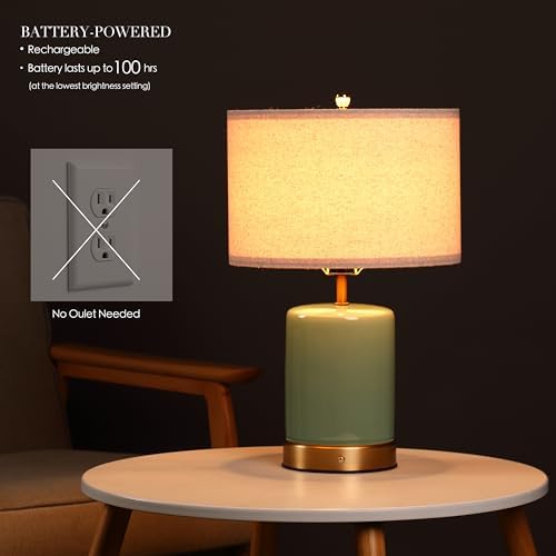 O’Bright Dune - Battery Powered Table Lamp, Rechargeable Cordless Ceramic Lamp, Full-Size 19.5 Inch Height, Dimmable, Smart Safety Protection, Type-C Fast Charging, LED Bulb Included, Sage Green - Image 2