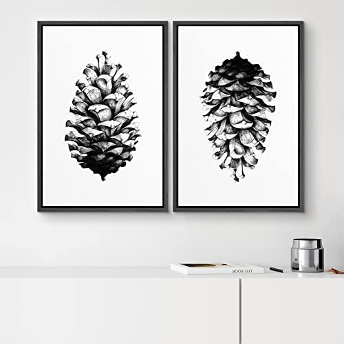 SIGNWIN Framed Canvas Print Wall Art Set Black & White Forest Woodland Pinecone Nature Wilderness Illustrations Modern Art Rustic Relax/Calm for Living Room, Bedroom, Office - 16"" x24 x2 Black - Image 2