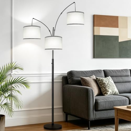 Dimmable Floor Lamp, 3 Lights Black Arc Floor Lamp, Modern Tall Standing Tree Lamp with Grey Linen Shades & Heavy Base, 3000LM LED Bulbs, Bright Lighting for Living Room, Bedroom, Office & Reading - Image 6