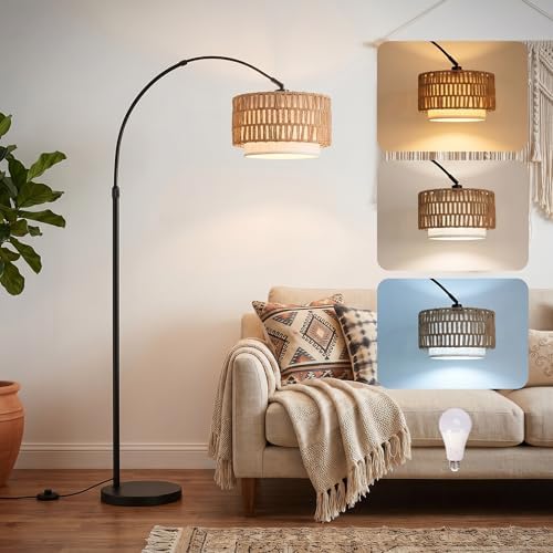 Arc Floor Lamp for Living Room with 12W Bulb,61.5"-72.4" Height Adjustable Rattan Floor Lamps with 3 Color Temps, Farmhouse Arched Standing Lamp,Boho Floor Lamp, Arched Floor Lamps for Bedroom, Office by NUBEAURA