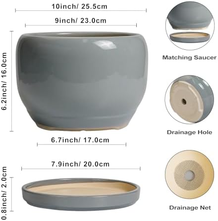 SQOWL 10 Inch Plant Pot - Ceramic Planter for Indoor Plants, Round Ceramic Flower Pot with Drainage Hole and Saucer, Modern Large Outdoor Planter, Room Decor, Housewarming Gifts, Gray - Image 3