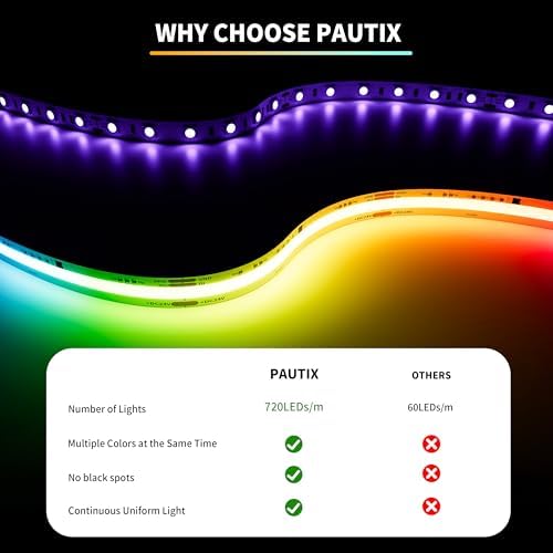 PAUTIX RGB Smart IC COB LED Strip Light Addressable 24ft/7.5m,720LEDs/m UL-Listed 24V Chasing Color Strip Light Multicolor Flexible Tape Light,for TV,Party DIY Decoration(Without Controller&Adapter) - Image 4