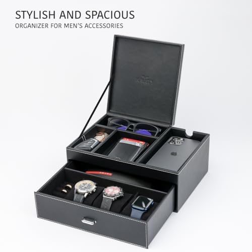 Mens Jewelry Box Organizer & Dresser Valet Tray - Premium Nightstand Station for Watches, Rings, and Accessories - Stylish Mens Dresser Top Organizer with Multiple Compartments and Soft Lining - Image 2