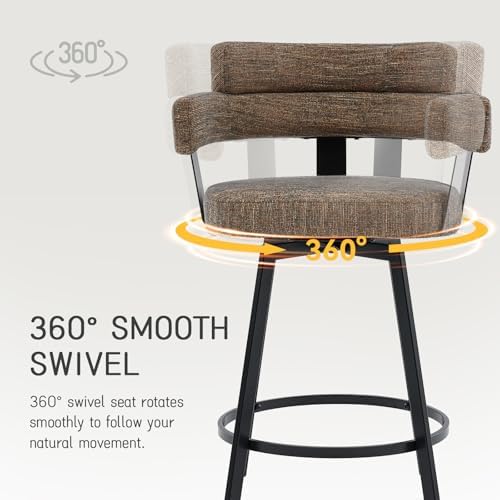30 Inch Bar Stools Set of 2 with Full Back, Swivel Bar Chairs with Linen Padded Back, Metal Footrest, Modern Bar Height Stools for Kitchen Island, Dining, Living Room, Brown - Image 4