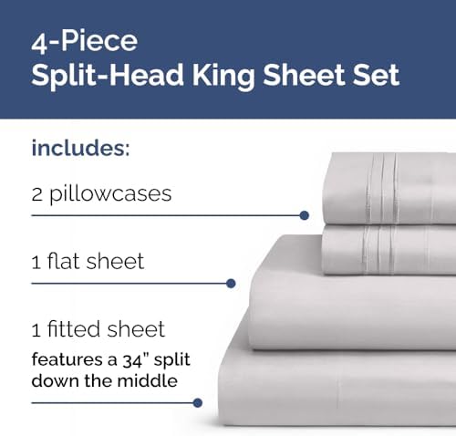 Flex Top Split Head King 4 Piece Sheet Set - Soft & Breathable - Light Grey - Image 2