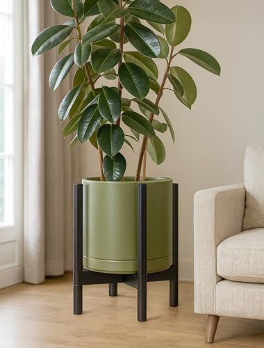 D'vine Dev Ceramic Pot with Ebony Wood Stand, Olive, 12 in, 55-B-H-J - Image 4