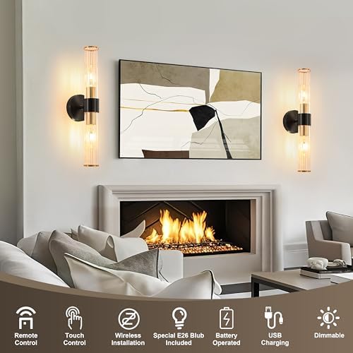 Morauroral Black Gold Battery Operated Wall Sconce, Rechargeable Wall Lights with Remote, 20 Inch Modern Wireless Wall Lamp for Bedroom, Living Room with Clear Glass Shade (Bulbs Included) - Image 3