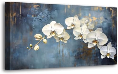 Abstract White Butterfly Orchid Canvas Wall Art for Living room Office Bedroom Flowers Wall Art Print Oil Paintings Modern Blue Gold Rain Mist Pictures Wall Decor Artwork Ready to Hang - 28in * 57inch by HaichuangDecorArt