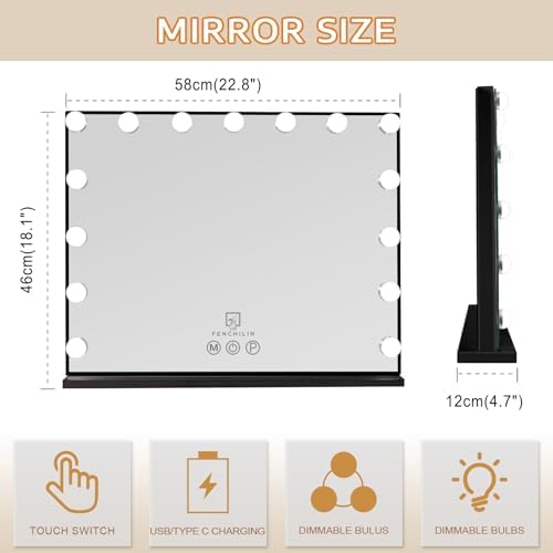 FENCHILIN Vanity Mirror with Lights 22.8''x 18.1'', Hollywood Lighted Mirror with Dimmer Bulbs, Vanity Makeup Mirror Smart Touch Control, Tabletop, Black - Image 5