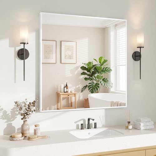 Koonmi White Rectangle Wall Mirror, 30x30 Inch Bathroom Mirror, Aluminum Frame Vanity Mirror for Entryway, Living Room, Bedroom Bathroom, Hangs Horizontally or Vertically by KOONMI