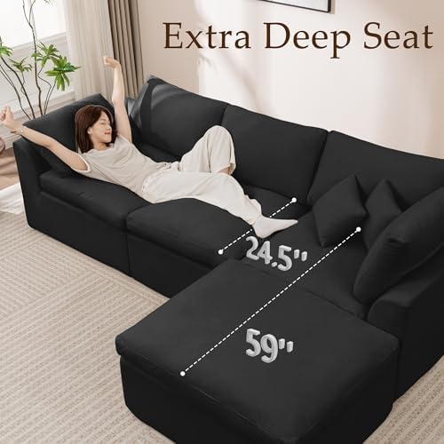 Korser 110" Cloud Sectional Couches for Living Room, Modern Modular Sectional Sofa with Ottoman, Boneless Cloud Couch with Comfy Deep Seats, Fluffy Chenille L-Shape Sofa Couch for Living Room, Black - Image 4