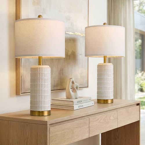 PoKat 25'' Modern Table Lamps Set of 2 for Living Room with Gold Base, White Farmhouse Bedside Lamps for Bedroom, Nightstand Lamps for Office End Table Hallway Home Decor Gift, Beige and White - Image 4