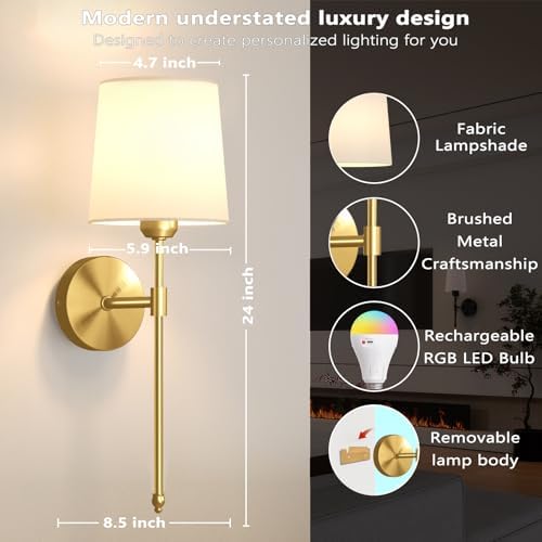 Battery Operated Wall Sconces Set of 2, Remote Control, RGB Bulb, Gold - Image 4