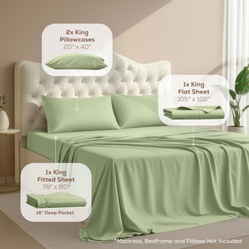 King Sheets Set, 4 Pieces 16" Deep Pocket Hotel Luxury Bed Sheets, Sage - Image 2