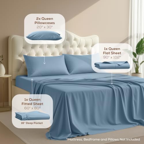 Queen Sheets Set, 4 Pieces 16" Deep Pocket Hotel Luxury Sheets, Dutch Blue - Image 2