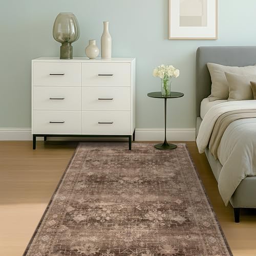 Boho Taupe Brown 4x6 Living Room Rug - Modern Traditional Oriental Neutral, Washable Low Pile Non-Slip Small Area Rugs for Entryway, Bedroom, Foyer, Mudroom - Image 3