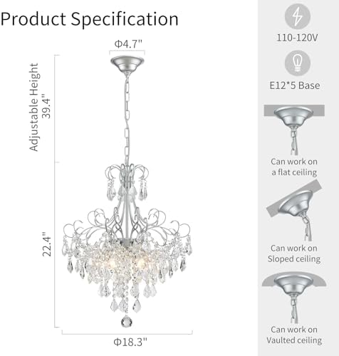 WUZUPS Crystal Chandelier 5-Light Pendant Ceiling Light Modern Lighting Fixture for Dining Room Hallway Bedroom Kitchen Bathroom, H 22.4" x W 18.3", E12 Base, Silver - Image 2