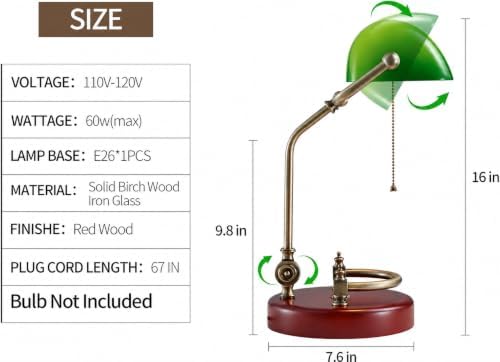 Bankers Lamp Traditional Green Glass Desk Lamp Solid Wood Pull Chain Switch - Image 2