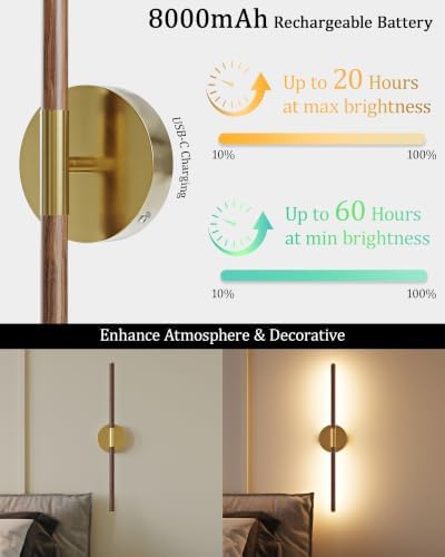32" Battery Operated Wall Sconce Set of 2, 350° Rotating Lamp, Walnut Gold - Image 4