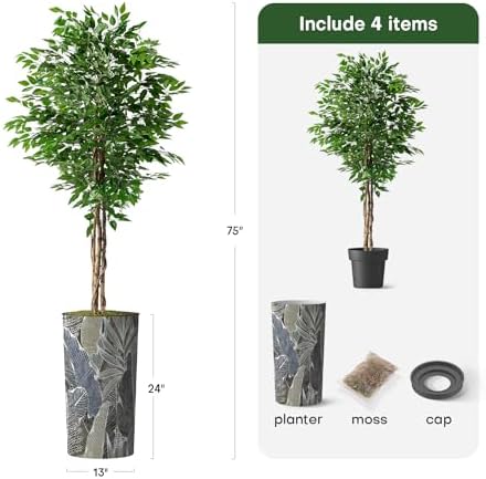 Artificial Tree in Modern Planter, Fake Ficus Silk Tree for Indoor and Outdoor Home Decoration - 75" Overall Tall (Plant Pot Plus Tree) - Image 3