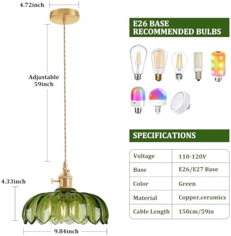 Shenmoyl Pendant Light with Green Scindapsus Glass Lmapshade, Brass Vintage Pendant Light Adjustable Hanging Light for Kitchen Island Dining Room Hallway - Image 5